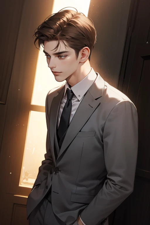 masterpiece, best quality, realistic, 1man, mature male, quiet and charming young man, 25 years old, close his eyes, serious look, extremely detailed face, ((dark grey eyes)), ((short-right-swept dark brown hair)), [thick eyebrows], detective, plain background, ((suit)), cinematic lighting, looking at the audience, posture dynamics, smirk