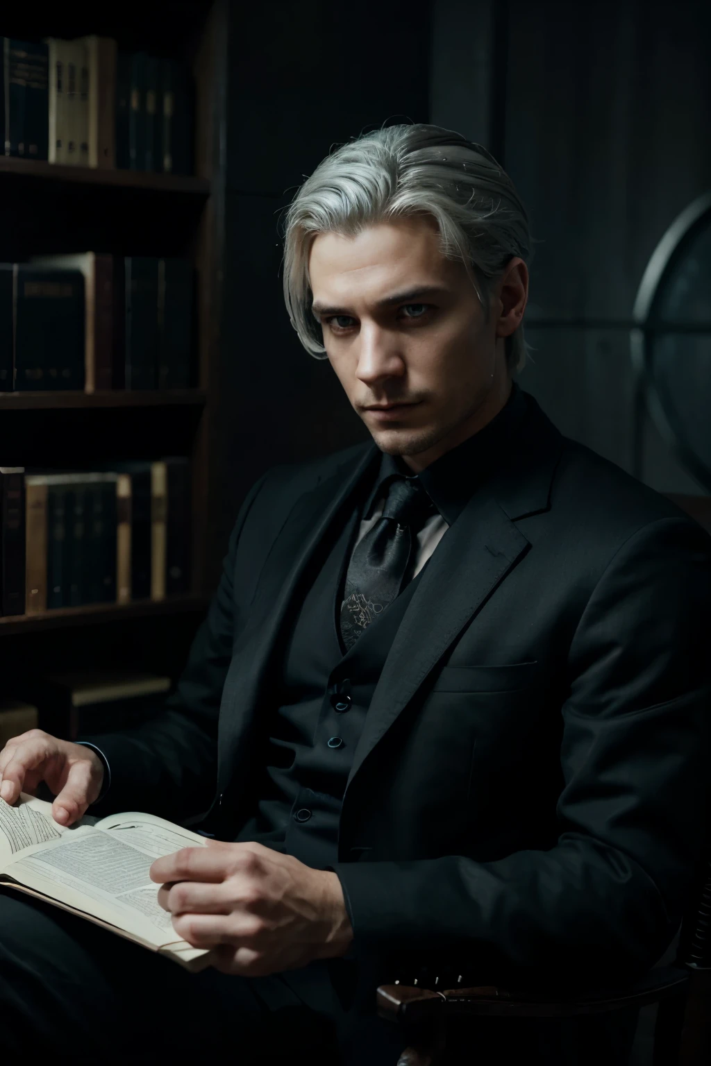 a handsome man, 25 years old, sickly, in a black suit sitting down reading a book, extremely detailed face, beautiful blue eyes, white hair, detailed portrait of a sinister librarian, inspired by Ushiromiya Battler and Kinzo, by stanley artgerm, call of cthulhu style, photorealistic, dramatic lighting, chiaroscuro, cinematic composition, intricate details, dark color palette, moody atmosphere