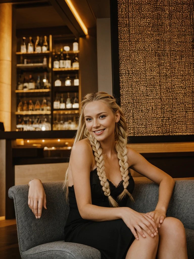 solo, realistic, photorealistic, natural lighting, (large forehead, (((Latvian woman))), (((Latvian nose))), (((Latvian eyes))), (((blonde))), (((braids))), (((Latvian face))), (((Latvian lips))), (((Latvian body))), (((fair complexion))) pose: sitting on a chair, smiling, wearing Corset-Style Dress , cleavage, , background: Located in the heart of the city, this lounge captures the essence of urban twilight with panoramic windows offering views of city lights and skyscrapers. The decor is modern and minimalist, with sleek furniture and metallic accents. The bar serves innovative cocktails with a focus on local spirits and ingredients.