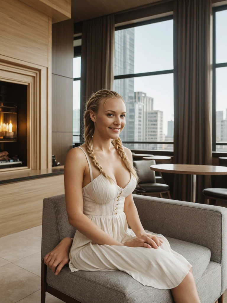 solo, realistic, photorealistic, natural lighting, (large forehead, (((Latvian woman))), (((Latvian nose))), (((Latvian eyes))), (((blonde))), (((braids))), (((Latvian face))), (((Latvian lips))), (((Latvian body))), (((fair complexion))) pose: sitting on a chair, smiling, wearing Corset-Style Dress , cleavage, , background: Located in the heart of the city, this lounge captures the essence of urban twilight with panoramic windows offering views of city lights and skyscrapers. The decor is modern and minimalist, with sleek furniture and metallic accents. The bar serves innovative cocktails with a focus on local spirits and ingredients.