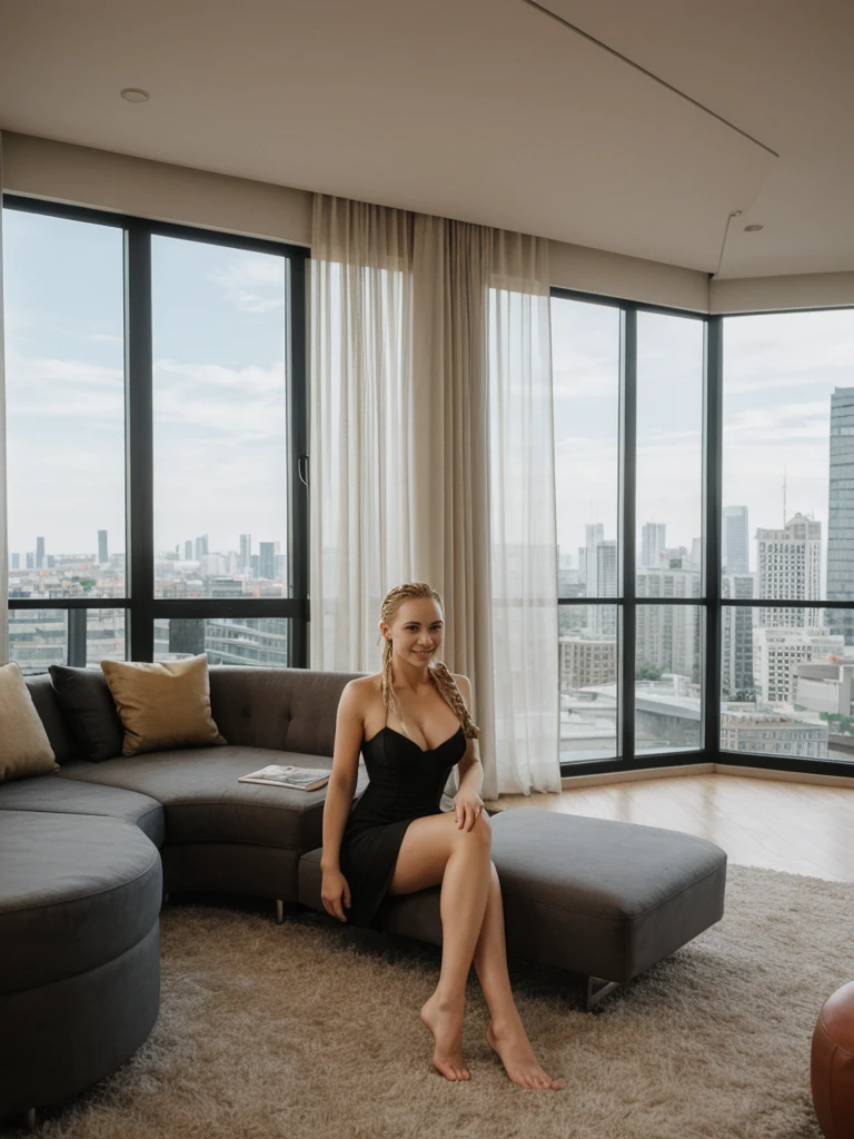 solo, realistic, photorealistic, natural lighting, (large forehead, (((Latvian woman))), (((Latvian nose))), (((Latvian eyes))), (((blonde))), (((braids))), (((Latvian face))), (((Latvian lips))), (((Latvian body))), (((fair complexion))) pose: sitting on a chair, smiling, wearing Corset-Style Dress , cleavage, , background: Located in the heart of the city, this lounge captures the essence of urban twilight with panoramic windows offering views of city lights and skyscrapers. The decor is modern and minimalist, with sleek furniture and metallic accents. The bar serves innovative cocktails with a focus on local spirits and ingredients.