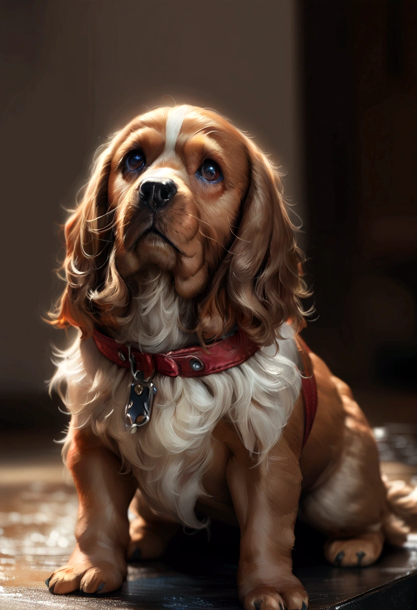 cocker spaniel, light brown fur, white chest patch, cute, photorealistic, detailed fur, adorable, high quality, intricate details, vibrant colors, natural lighting, studio lighting, shallow depth of field, sharp focus, highly detailed, 8k, hyperrealistic