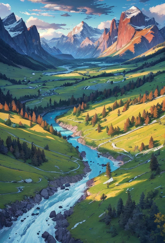 mountainous landscape, rolling hills, snow-capped peaks, lush greenery, vibrant wildflowers, flowing river, dramatic lighting, cinematic composition, photorealistic rendering, epic scale, enchanting atmosphere, serene tranquility, beautiful detailed mountains, extremely detailed landscape, (best quality,8k,highres,masterpiece:1.2),ultra-detailed,(realistic,photorealistic,photo-realistic:1.37),cinematic lighting,dramatic shadows,vivid colors,stunning vista,breathtaking panorama