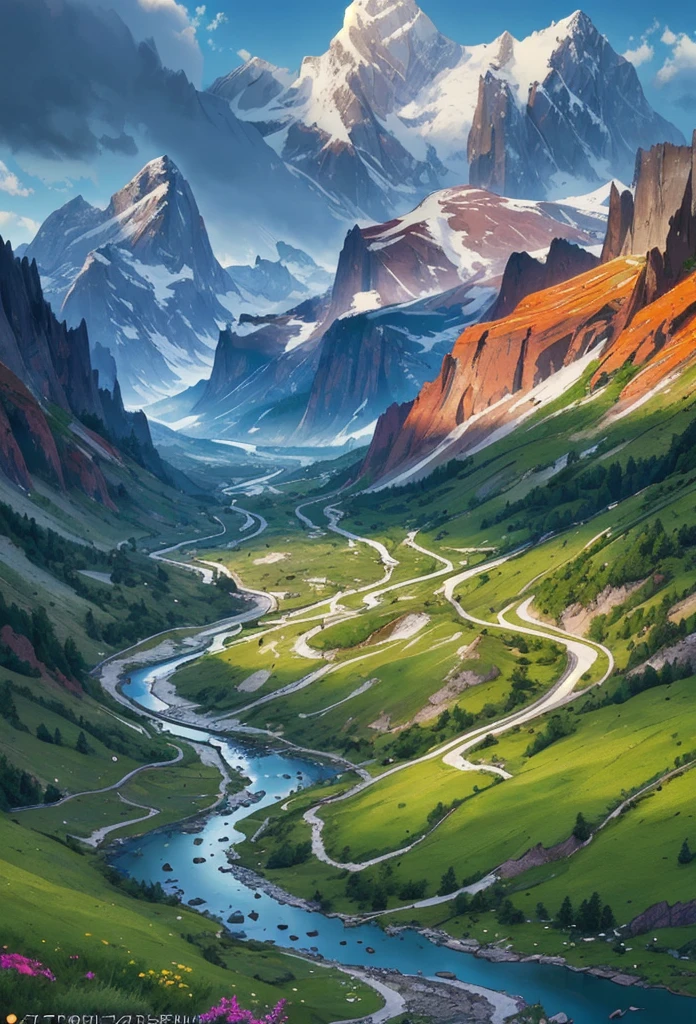 mountainous landscape, rolling hills, snow-capped peaks, lush greenery, vibrant wildflowers, flowing river, dramatic lighting, cinematic composition, photorealistic rendering, epic scale, enchanting atmosphere, serene tranquility, beautiful detailed mountains, extremely detailed landscape, (best quality,8k,highres,masterpiece:1.2),ultra-detailed,(realistic,photorealistic,photo-realistic:1.37),cinematic lighting,dramatic shadows,vivid colors,stunning vista,breathtaking panorama