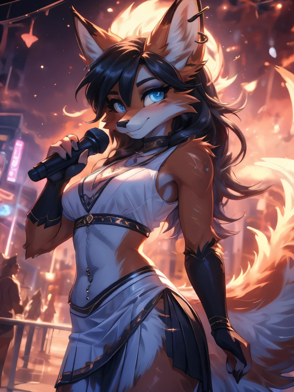 Chica anime,tennage girl 18 years old, anime style, foxy girl, blue body, antropomorfica Chica tímida , Orejas de Kitsune, arte de dark natasha, city landscape, arte de vixen aztra, cuerpo completo, patas hermosas, cintura delgada, caderas amplias, navel white blouse, white&pink skirt, navel piercing, ear piercing, navel tattoo, atrevid pose, back pose, fluffly tail, sensual eyes (la mejor definicion) long hair, black flash, city party, city night life, party girl, idol girl, girl with microphone singing, deep blue eyes (HD), white&pink dress, super mega star idol, aura pura, silueta de luz, silueta radiante de luz dorada, su cuerpo brilla, mekor iluminacion en fotografía, mermaid mini skirt, lovely girl, sending kiss, heartlove