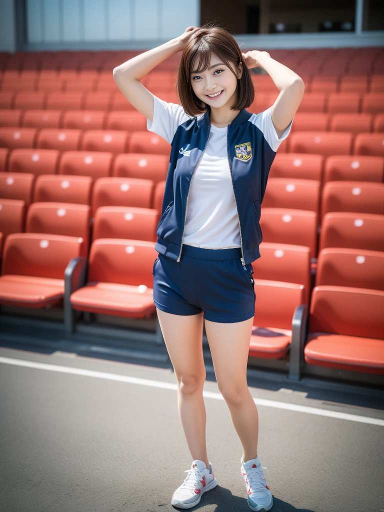 The beauty of 8K raw photos:2.0, short hair, , great face and dark eyes, stare at the camera, A smile full of joy:1.6, show teeth, put hands behind head, dynamic pose, model standing, （white Sportswear:1.2)、navy blue high-leg bloomers,wear sneakers:1.4, realistic:1.9, Very detailed CG synthesis 8k wallpaper, very detailed, High resolution RAW color photos, professional photos, Taken at the stadium, girl sexy portrait