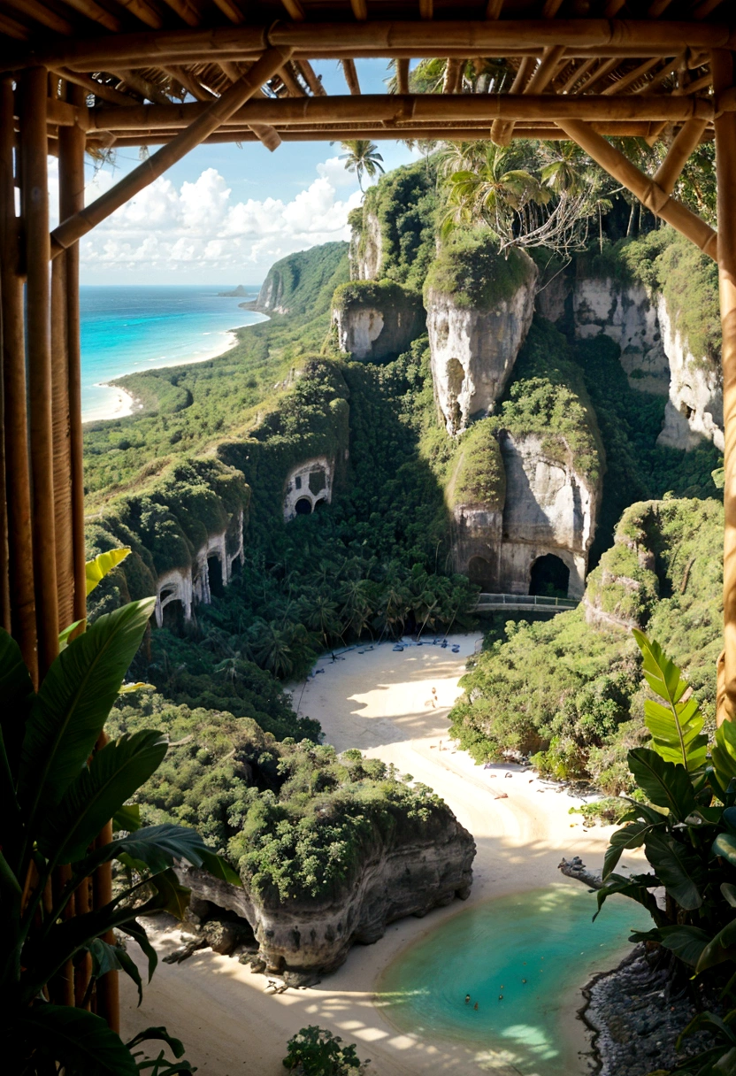 Tilt shift photo of a tropical jungle with a tropical beach in the distance