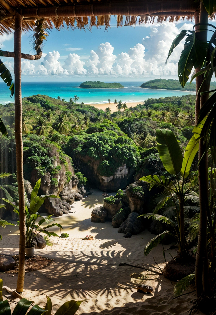 Tilt shift photo of a tropical jungle with a tropical beach in the distance