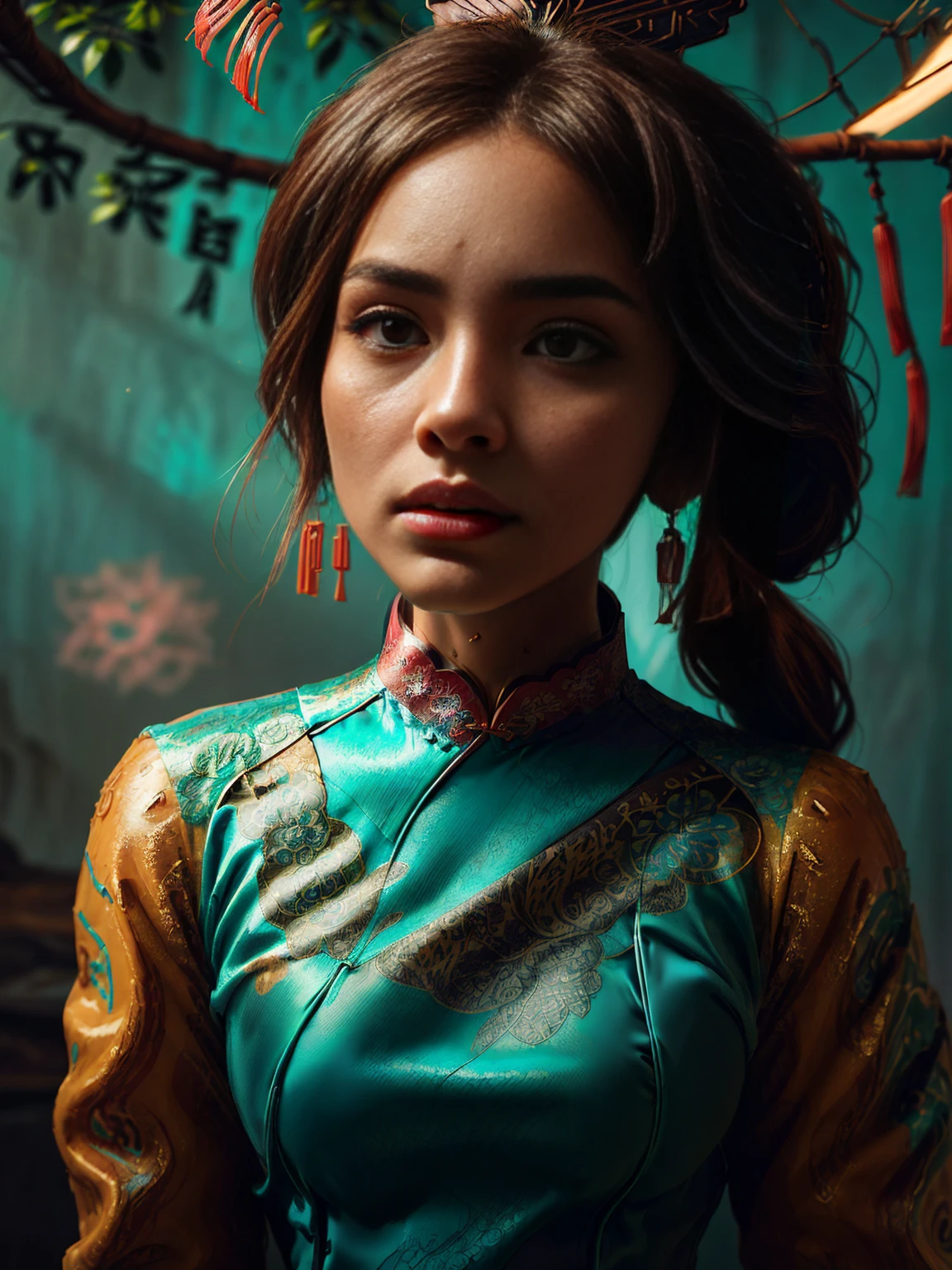 ((a detailed beautiful girl with Cheongsam in Cantonese, It is a type of female dress of Manchu origin used in China, beautiful colors., pink cyan, green:1.5)), detailed eyes, detailed face, long eyelashes, detailed hair and updo elegant and beautiful dressed elegantly, standing under a tree, sunlight splashing on the leaves, vibrant colors, photorealistic, 8K, high quality, cinematic lighting, portrait, (Best Quality,4k,8K,high resolution,masterpiece:1.2),ultra detailed,sharp focus, Very detailed face,extremely detailed facial features,hyper realista skin texture,extremely fine details,intricate details,detailed eyes,Detailed nose,detailed lips,Detailed facial expressions,intricate facial anatomy,intense lighting, dramatic lighting,Changing lighting,cinematic lighting,chiaroscuro lighting,dramatic shadows,dramatic moments,vivid colors,intense colours,Deep contrast,cinematic depth of field,cinematographic composition,cinematic camera angle