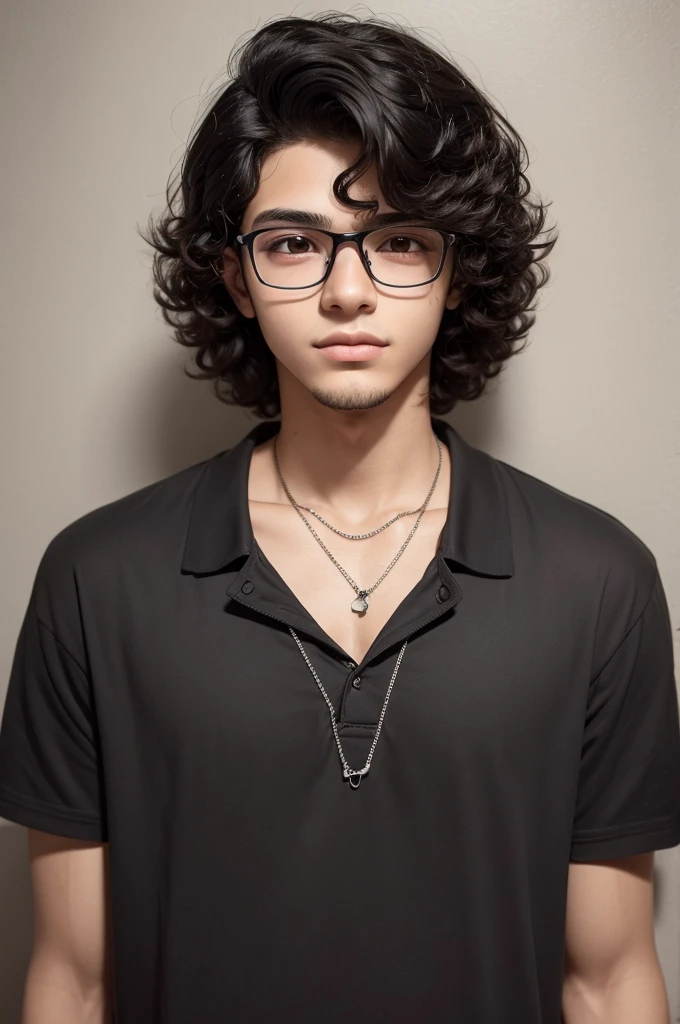 Make a boy with Brazilian features with medium curly black hair who wears glasses who is 15 years old and his name is Mateus