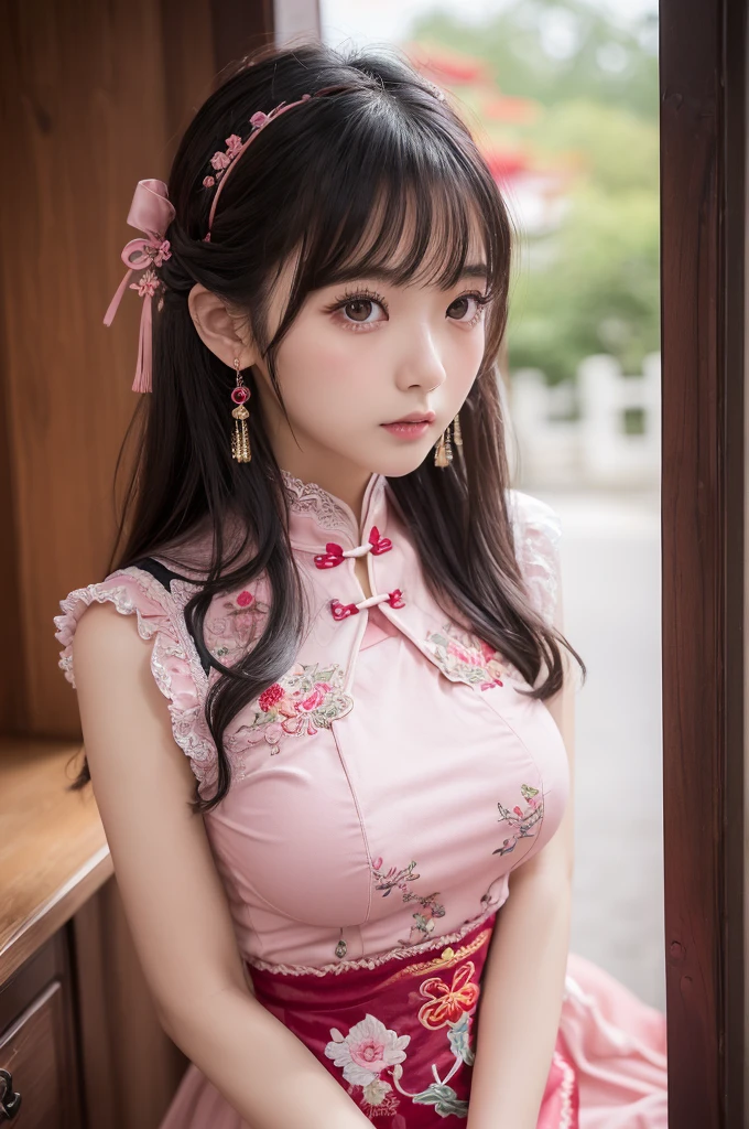 (1 woman、Japanese、20-year-old、Refreshing、clear、seems kind、stylish、attractive narrow eyes、Pitiful、Cute like an angel、cute、black eyes、idol,actress,big breasts）,(big sagging breasts),(big breasts：1.4).(very cute)、(black hair),enchanting eyes、(in 8K、Live shooting、highest quality、masterpiece:1.2、optimal lighting)、(long hair),(masterpiece),(Gravure photography)(Photo taken by a professional photographer),(soft light),(real、Photoreal:1.37),break,{idol costumes, cute hair ornaments, earrings,(dress with a significant side slit)、(pink theme:1.4), (cheongsam top:1.2), sleeveless, frills, zettai ryouiki, stockings tights, , lace,red accent color,chinese style embroidery}, (portrait),,close up of face,angry