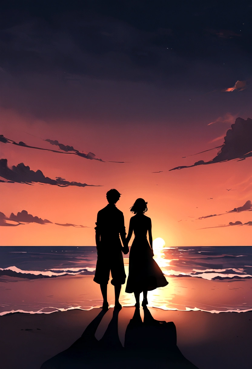 Dark silhouette couple holding hands, standing backwards, looking at the horizon, on the beach with the sunset 