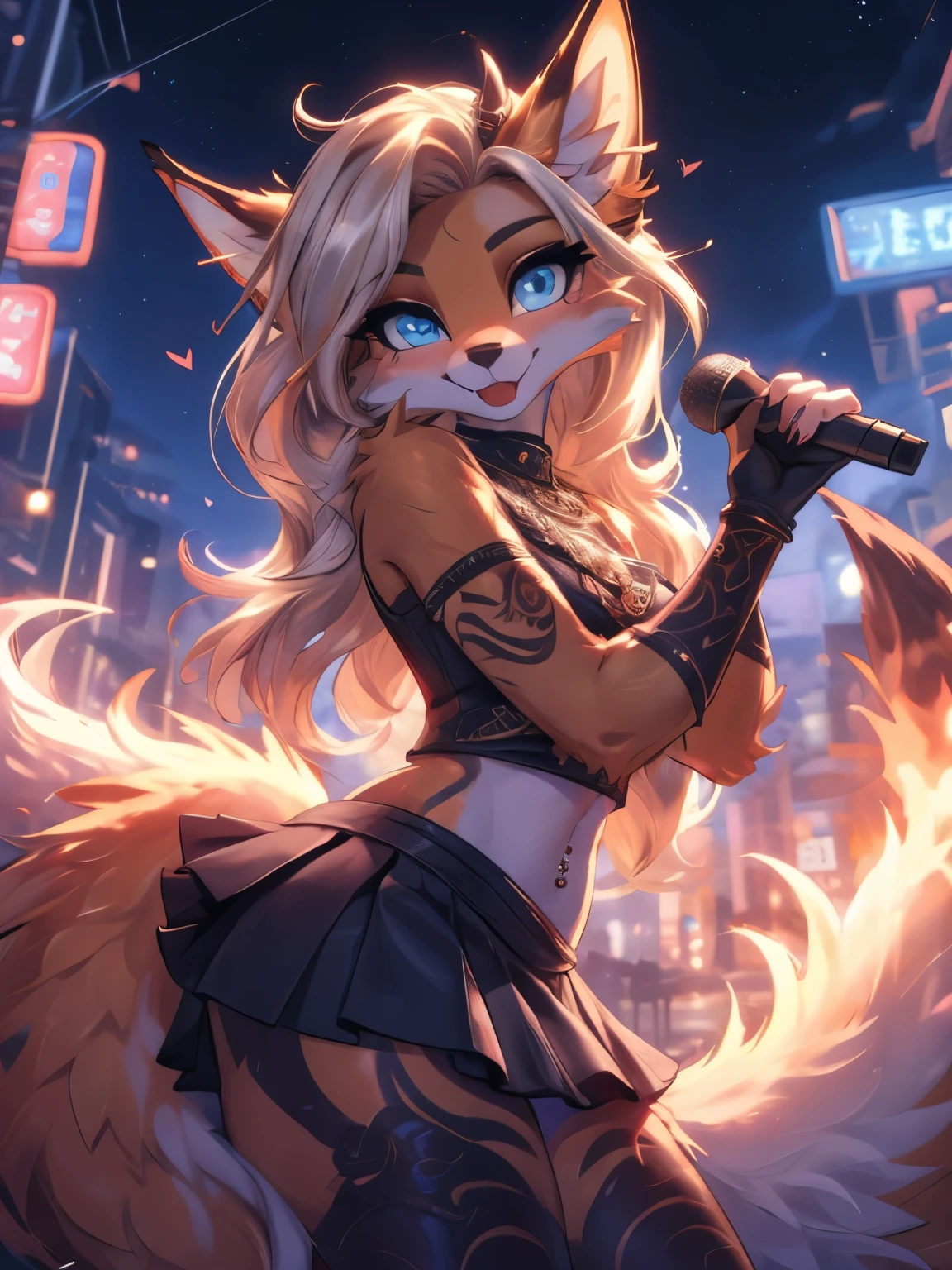 Chica anime,tennage girl 18 years old, anime style, cute kotori date alive, Chica tímida , Orejas de Kitsune, arte de dark natasha, city landscape, arte de vixen aztra, cuerpo completo, patas hermosas, cintura delgada, caderas amplias, navel white blouse, white&pink skirt, navel piercing, ear piercing, navel tattoo, atrevid pose, back pose, fluffly tail, sensual eyes (la mejor definicion) long hair, black flash, city party, city night life, party girl, idol girl, girl with microphone singing, deep blue eyes (HD), white&pink dress, super mega star idol, aura pura, silueta de luz, silueta radiante de luz dorada, su cuerpo brilla, mekor iluminacion en fotografía, mermaid mini skirt, lovely girl, sending kiss, heartlove