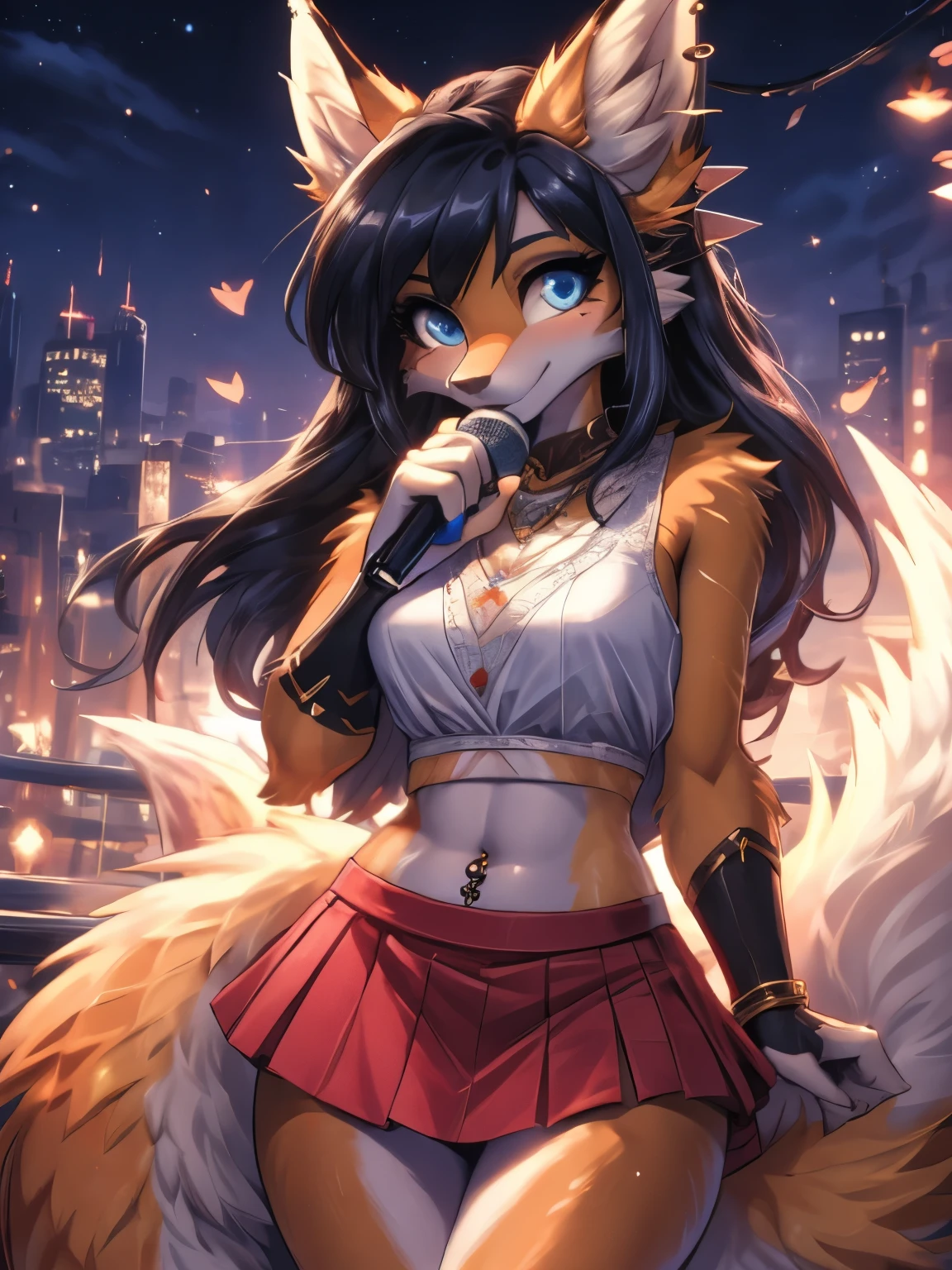 Chica anime,tennage girl 18 years old, anime style, cute kotori date alive, Chica tímida , Orejas de Kitsune, arte de dark natasha, city landscape, arte de vixen aztra, cuerpo completo, patas hermosas, cintura delgada, caderas amplias, navel white blouse, white&pink skirt, navel piercing, ear piercing, navel tattoo, atrevid pose, back pose, fluffly tail, sensual eyes (la mejor definicion) long hair, black flash, city party, city night life, party girl, idol girl, girl with microphone singing, deep blue eyes (HD), white&pink dress, super mega star idol, aura pura, silueta de luz, silueta radiante de luz dorada, su cuerpo brilla, mekor iluminacion en fotografía, mermaid mini skirt, lovely girl, sending kiss, heartlove