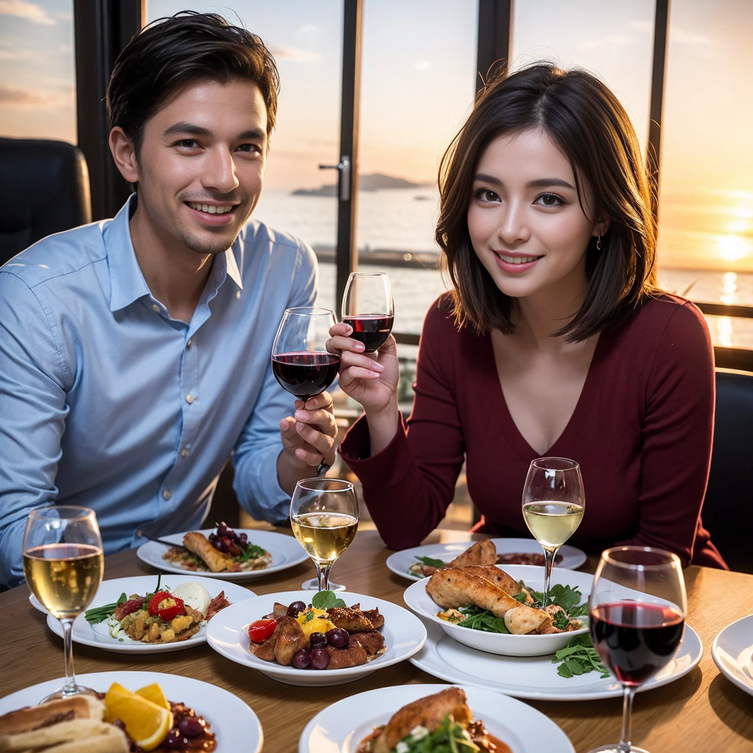 ((Highest quality、8K、masterpiece:1.3))、 (Genuineistic, Genuine、Bright image、Intricate details:1.2), 最高のsmile、1 male、1 female、Beautiful couple、Love Love Love、fiancee、Good friends、actress couple、smile、Full-course dinner at a packed table、 (Slim face), (the body is slim), (Brown Hair), (short hair), テーブルのwine glass、Please shine a light on my face、 Amazing view of the sunset sky and clouds、 39 years old, red wine 、Appetizers、Wine bottle、sparkling wine、Long sleeve shirt、dress、White wine, red wine, wine glass, 