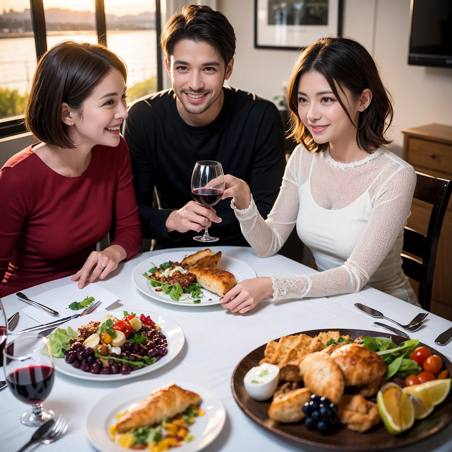 ((Highest quality、8K、masterpiece:1.3))、 (Genuineistic, Genuine、Bright image、Intricate details:1.2), 最高のsmile、1 male、1 female、Beautiful couple、Love Love Love、fiancee、Good friends、actress couple、smile、Full-course dinner at a packed table、 (Slim face), (the body is slim), (Brown Hair), (short hair), テーブルのwine glass、Please shine a light on my face、 Amazing view of the sunset sky and clouds、 39 years old, red wine 、Appetizers、Wine bottle、sparkling wine、Long sleeve shirt、dress、White wine, red wine, wine glass,