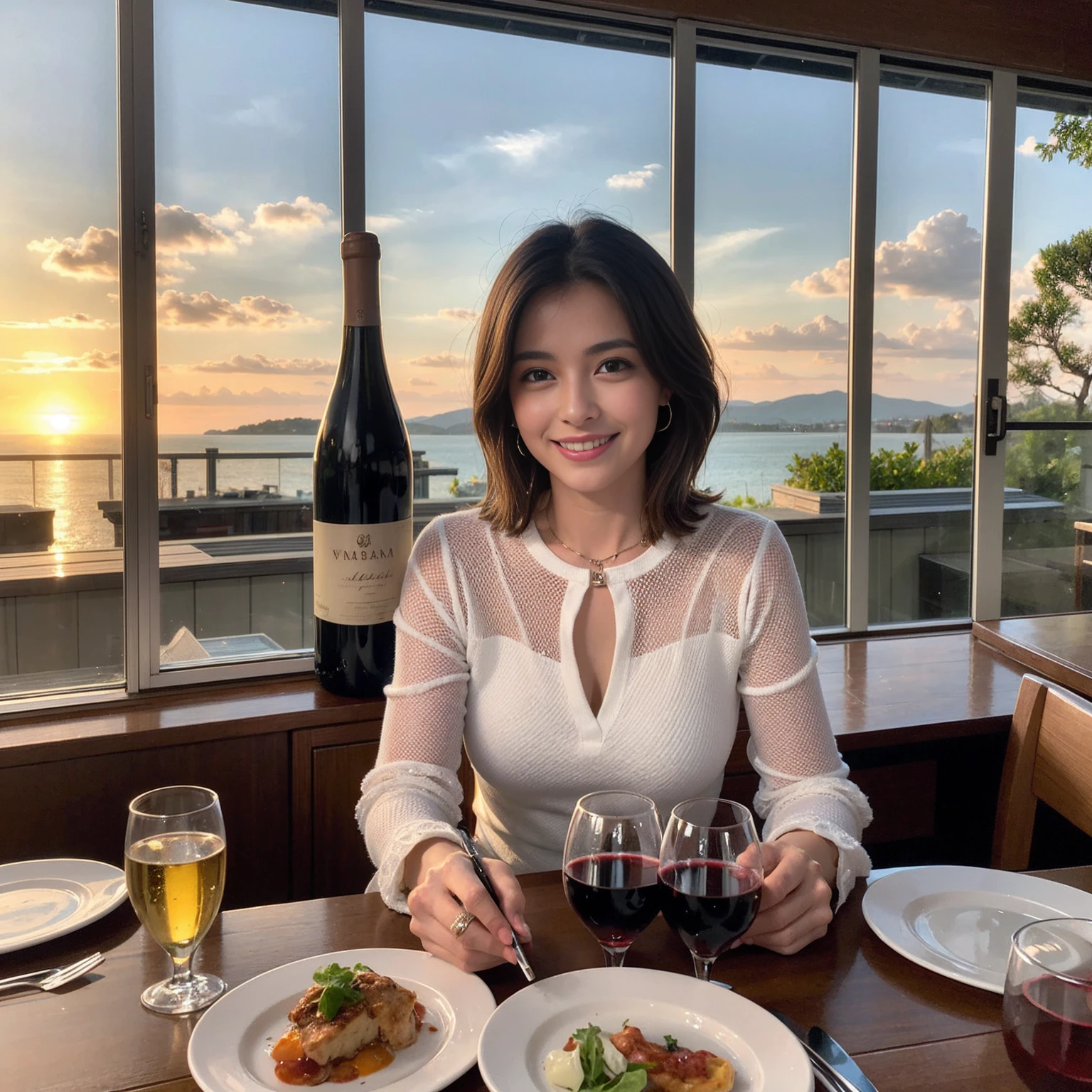 ((Highest quality、8K、masterpiece:1.3))、 (Genuineistic, Genuine、Bright image、Intricate details:1.2), 最高のsmile、1 male、1 female、Beautiful couple、Love Love Love、fiancee、Good friends、actress couple、smile、Full-course dinner at a packed table、 (Slim face), (the body is slim), (Brown Hair), (short hair), テーブルのwine glass、Please shine a light on my face、 Amazing view of the sunset sky and clouds、 39 years old, red wine 、Appetizers、Wine bottle、sparkling wine、Long sleeve shirt、dress、White wine, red wine, wine glass,
