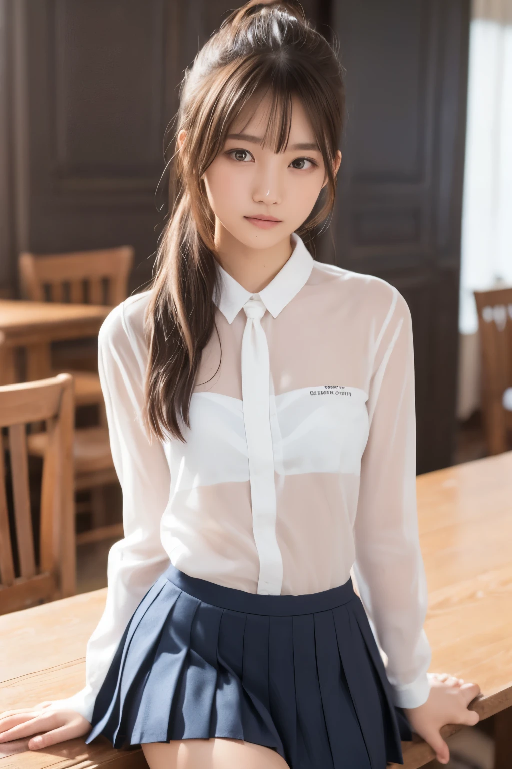 Highest quality, masterpiece, ８ｋ, Perfect body, beautiful girl，************, Medium Hair, (bangs, ponytail, Shiny hair), Medium chest, (Beautiful shape), White Uniform, ((White see-through shirt, Long sleeve, tie, )), (The outline of his underwear is visible through his shirt), ((Pleated skirt)), Highly detailed face, Highly detailed skin texture，Very cute face, ((Fair skin, light makeup, Thin eyebrows, Thin eyebrows)), ((Young face)), Cute eyes, ((Delicate eyelashes, Light in your eyes)), looking at the camera, (Natural look, Close your lips), Slender body, (Delicate shoulders, Beautiful body shape), ((Thighs, Buttocks line)), Professional Lighting, Window, Chair, Beautiful high school students, 美しい************, Sexy body, (Round ass, Thighs), Natural look, (Embarrassed face),