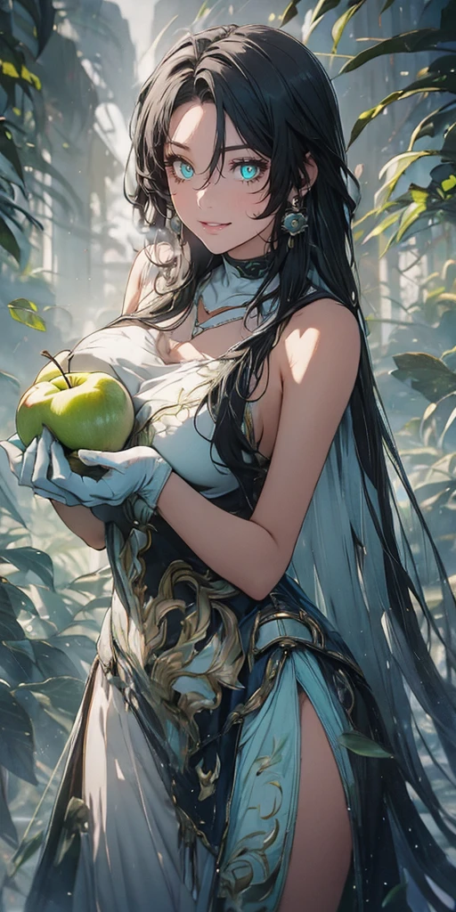 jianxindef, (long hair, gradient hair, black hair:1.3), parted bangs,, anatomically correct, heavy breathing, mature female, fruit, food, 1girl, apple, holding_apple, holding_fruit, solo, dress, breasts, holding, looking_at_viewer, white_dress, bare_shoulders, cleavage, choker, elbow_gloves, bokeh, large_breasts,, water drop, reflective, (fog:1.3), fireflies, hollow eyes, bright pupils, green eyes, looking at viewer. glowing eyes heavy breathing, seductive smile, (steaming face:1.3), blush face, lips,