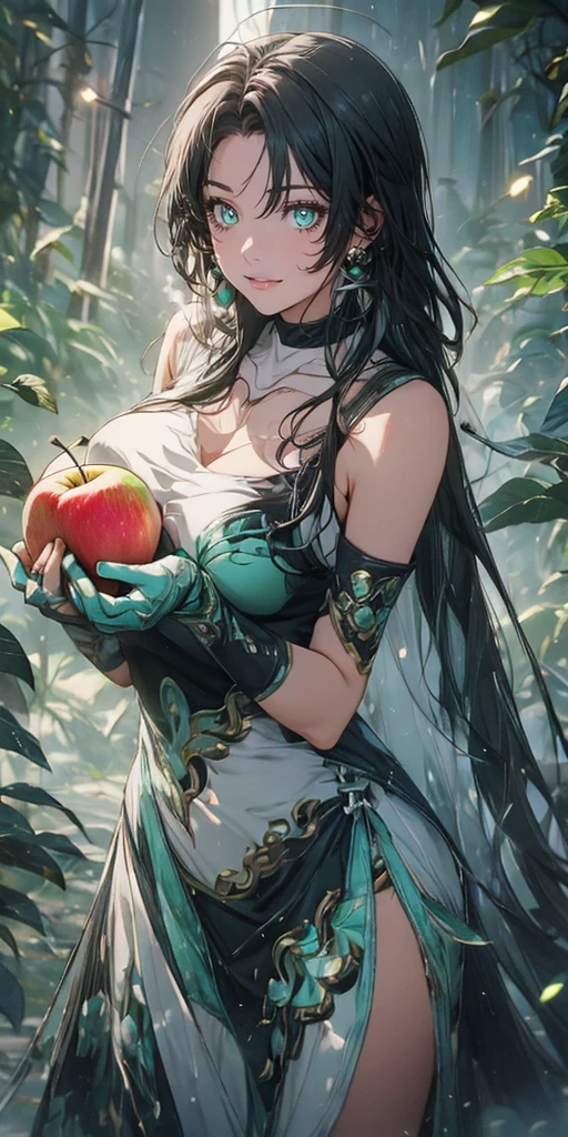 jianxindef, (long hair, gradient hair, black hair:1.3), parted bangs,, anatomically correct, heavy breathing, mature female, fruit, food, 1girl, apple, holding_apple, holding_fruit, solo, dress, breasts, holding, looking_at_viewer, white_dress, bare_shoulders, cleavage, choker, elbow_gloves, bokeh, large_breasts,, water drop, reflective, (fog:1.3), fireflies, hollow eyes, bright pupils, green eyes, looking at viewer. glowing eyes heavy breathing, seductive smile, (steaming face:1.3), blush face, lips,