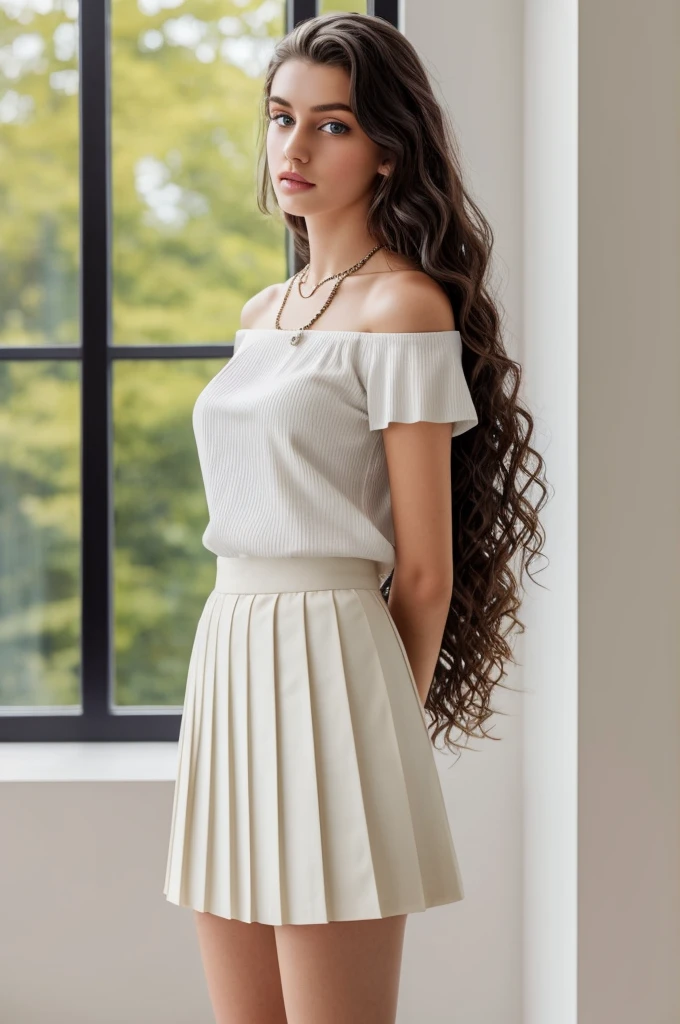1 girl in, 19yearsold, standing alone, long hair, Colossal , gazing at viewer, jewelry, whole body, a necklace, off the shoulders, Sweaters, realisitic, A sexy. piercing blue eyes and long, dark curly hair loose on the sides of the face. She is posing for a special photo. She wears a traditional , consisting of a pleated skirt, a white short sleeve blouse. Showing off her beautiful, perfect sculptural body . The scene is lit by soft natural light, highlighting your delicate features and thoughtful expression. The uniform is perfectly fitted and impeccable, reflecting your attention to detail and pride in your appearance. 8K quality rendering with exceptional detail and sharpness