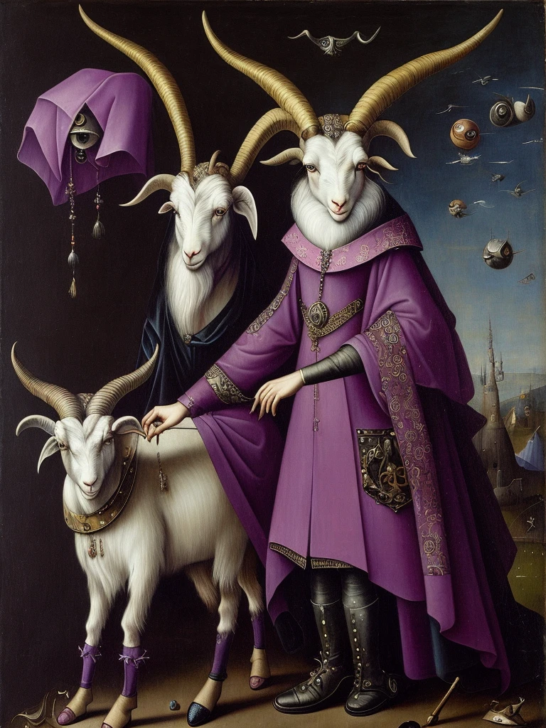 A painting of Hieronymus Bosch a female and anthropomorphic goat with three eyes, dressed with a dark wizards dress , in purple and pink colors, with black boots. Her horns are curled and red. with whole body