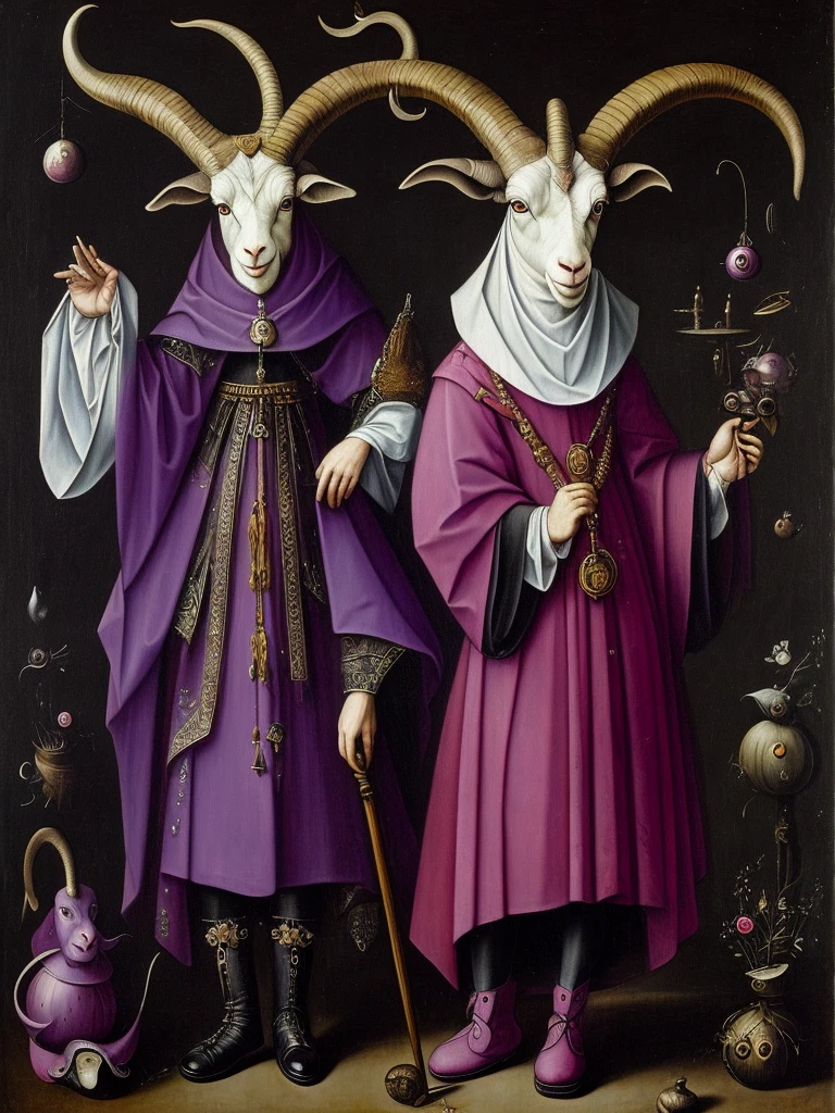 A painting of Hieronymus Bosch a female and anthropomorphic goat with three eyes, dressed with a dark wizards dress , in purple and pink colors, with black boots. Her horns are curled and red. with whole body