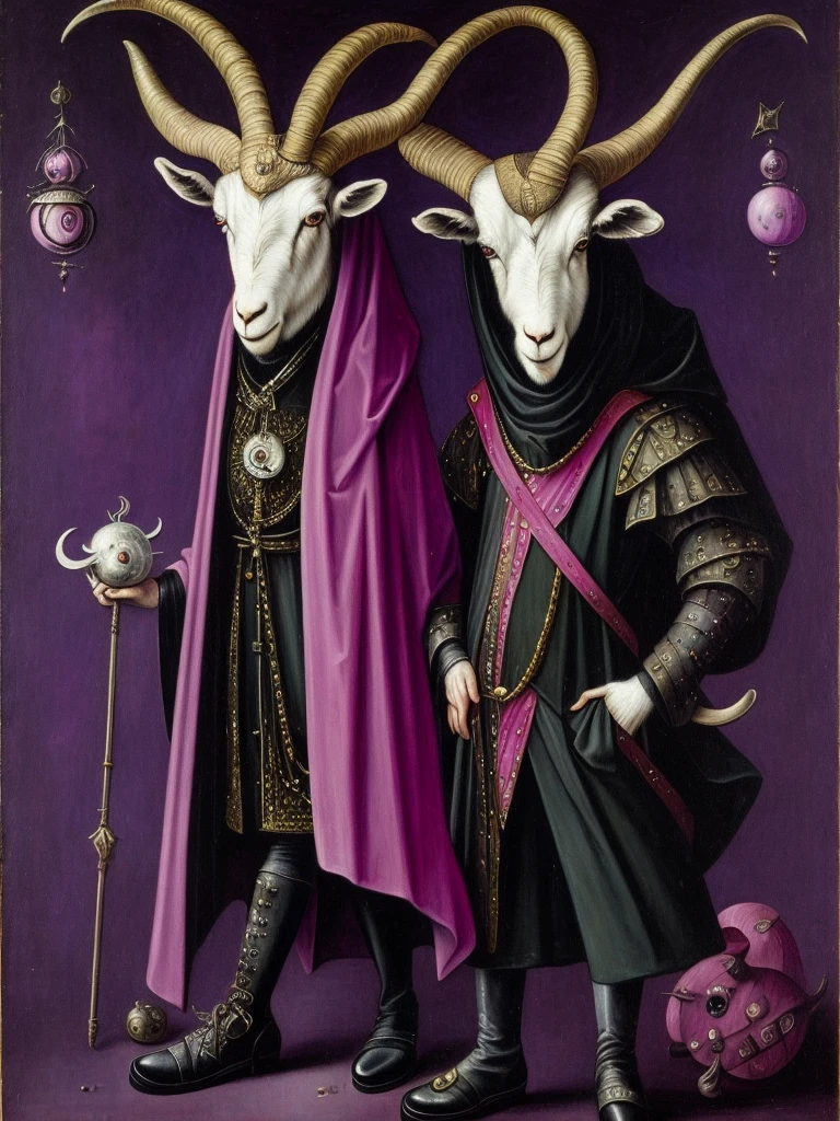 A painting of Hieronymus Bosch a female and anthropomorphic goat with three eyes, dressed with a dark wizards dress , in purple and pink colors, with black boots. Her horns are curled and red. with whole body