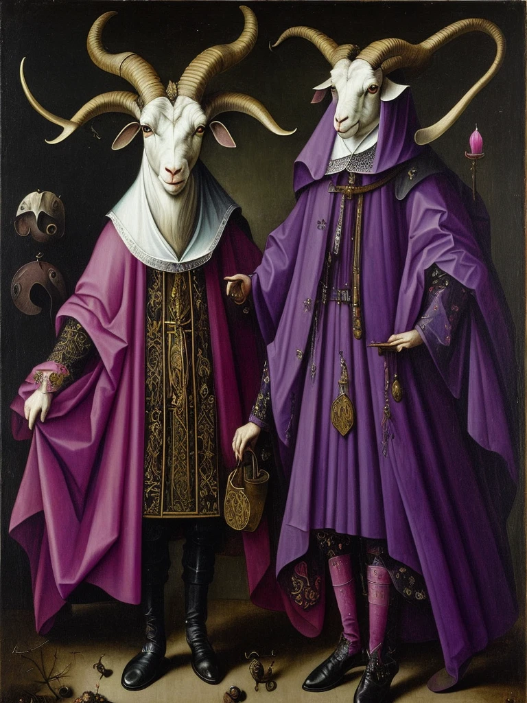 A painting of Hieronymus Bosch a female and anthropomorphic goat with three eyes, dressed with a dark wizards dress , in purple and pink colors, with black boots. Her horns are curled and red. with whole body