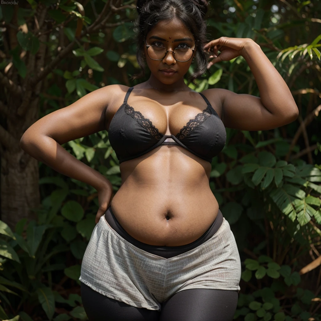 DARK SKIN, South Indian WOMAN, TALL, NAVEL, CLEAVAGE, BUSTY, FAT, VOLUPTUOUS, CHUBBY, PLUMP BELLY, LOVE HANDLES, BLACK BRA, BLACK LEGGINGS, BUN HAIR, REALISTIC, PHOTOGRAPHY, LOOKING DOWN, ROUND BLACK SPECTACLES, FIELDS BACKGROUND, ULTRA REALISTIC, 