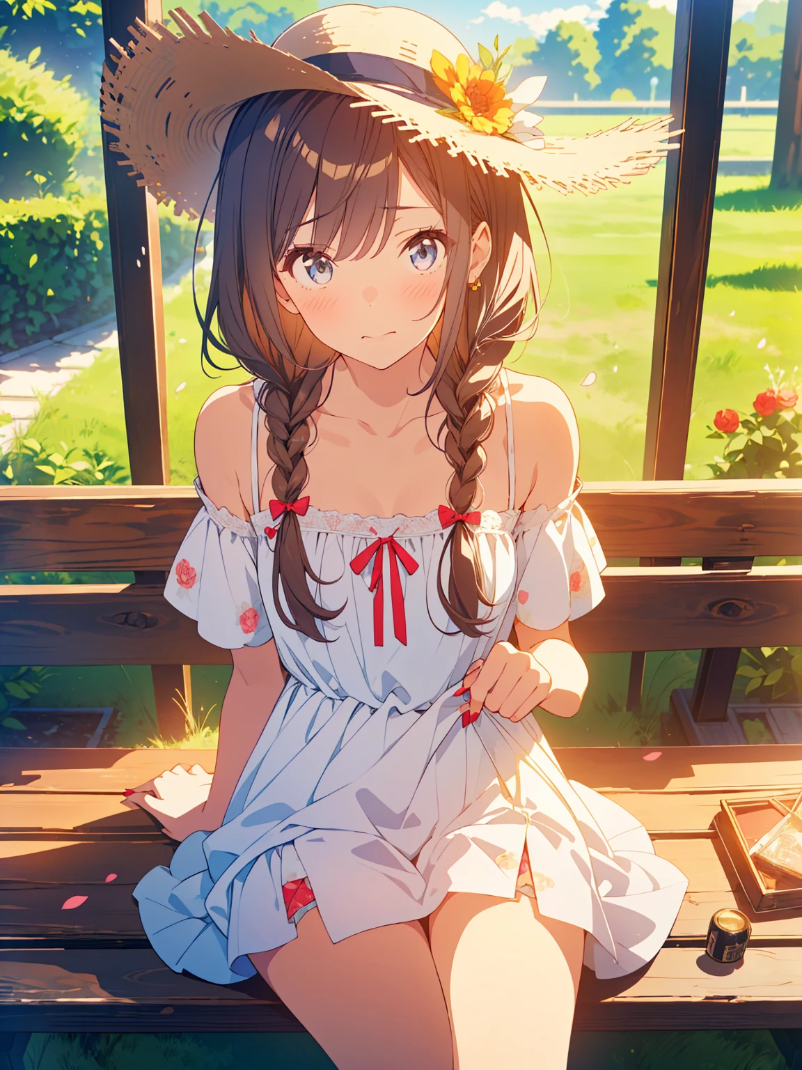masterpiece, best quality, detailed, an extremely delicate and beautiful, high resolution, highres, hi-vision anime, ( anime coloring:1.1), Motivated Light,( beautiful hair), (beautiful face), photo of perfect eyes, perfect eyes, perfectly composed photo, detailed face, detailed eyes,( detailed clothing:1.3),( perfect hands), small breasts, Round chest,
BREAK
moody angle, upper body, 1girl, beautiful (kogal gyaru) girl,( gold,_hair),hair accessory, jewelry, makeup, bracelet, painted nails, makeup, (big hair), (updo), shoulder cutout, braid, dress, brown hair, twin braids, blush, long hair, white dress, jewelry, clothing cutout, bangs, necklace, floral print, bare shoulders, straw hat, collarbone, hair bow, short sleeves, ribbon, brown headwear, hair over shoulder, detailed panties, panty shot,
BREAK
( love:1.6),( embarrassed. smaile:1.2), blush, wavy mouth, very detailed background, sitting,( spread legs:1.2), day, sky, flower field, petals, park bench, on bench, grass,
