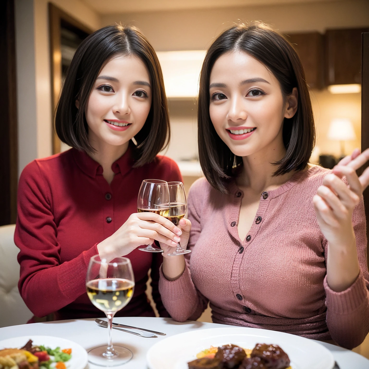 ((Highest quality、8K、masterpiece:1.3))、 (Genuineistic, Genuine、Bright image、Intricate details:1.2), 最高のsmile、1 male 1 female、Slim Body、Beautiful couple、Satomi Ishihara-like lover、Good friends、actress couple、smile、A full-course dinner with a full table、 (Slim face), (the body is slim), (Brown Hair), (short hair), テーブルのwine glass、Please shine a light on my face、 Amazing view of the sunset sky and clouds、42 years old)38 years old, red wine 、Wine bottle、sparkling wine、Long sleeve shirt、Pink Dress、White wine, red wine, wine glass,