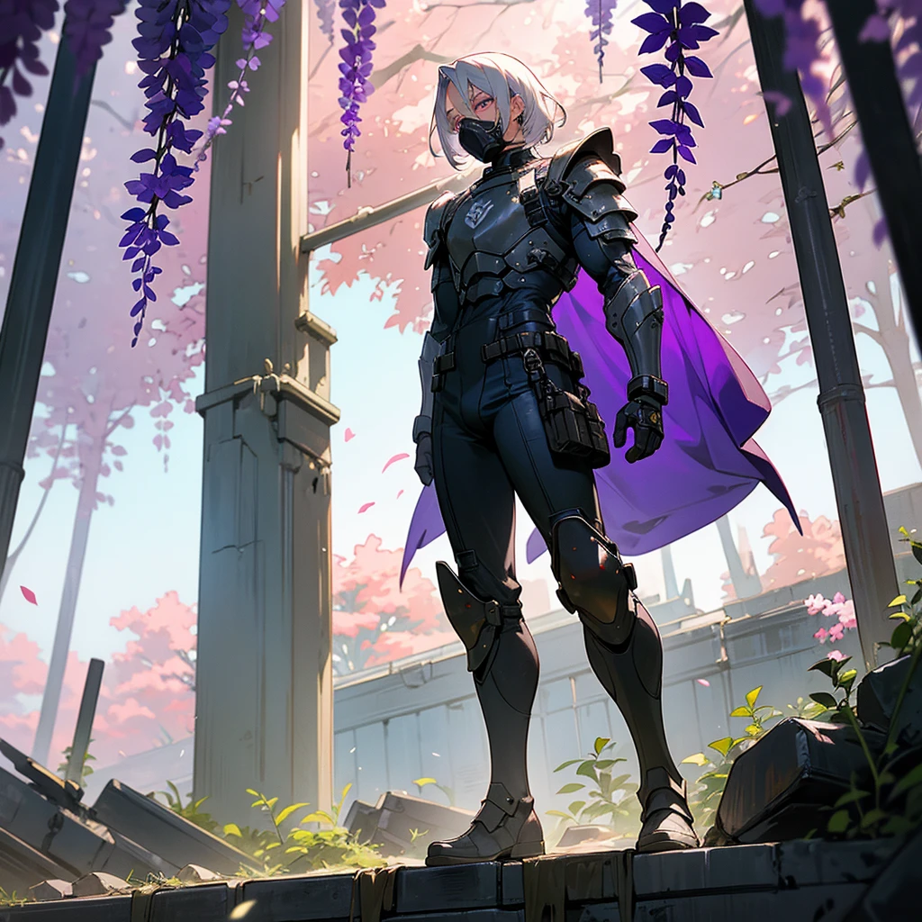 1male, young adult, dark skin, finely detailed plum eyes, wild medium hair, seashell white hair color, full body combat suit, shoulder armor pieces, combat boots, baggy miltarty combat pants, standing on ruined building, day time, tokyo streets, somber expression, muscular, tattoos, wisteria flowers, scars, gasmask
