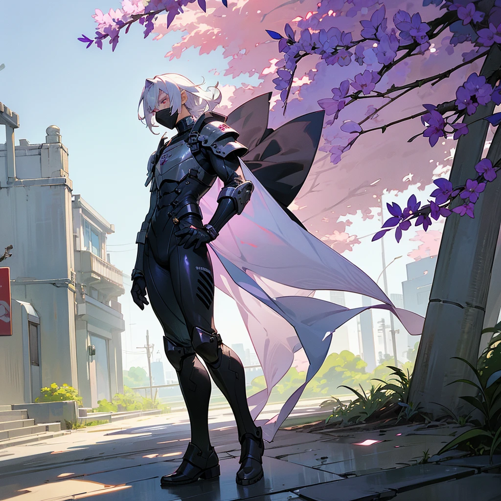 1male, young adult, dark skin, finely detailed plum eyes, wild medium hair, seashell white hair color, full body combat suit, shoulder armor pieces, combat boots, baggy miltarty combat pants, standing on ruined building, day time, tokyo streets, somber expression, muscular, tattoos, wisteria flowers, scars, gasmask