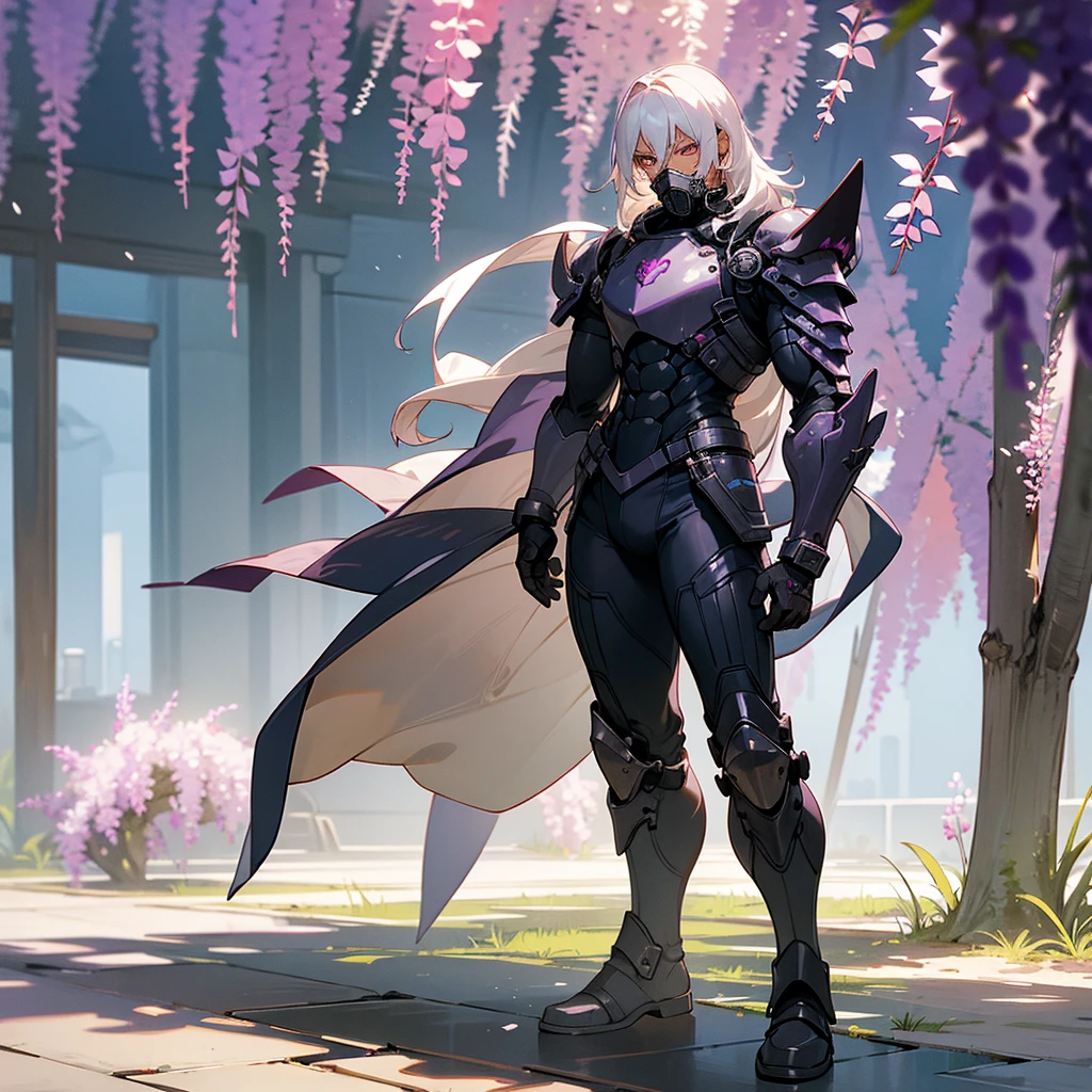 1male, young adult, dark skin, finely detailed plum eyes, wild medium hair, seashell white hair color, full body combat suit, shoulder armor pieces, combat boots, baggy miltarty combat pants, standing on ruined building, day time, tokyo streets, somber expression, muscular, tattoos, wisteria flowers, scars, gasmask