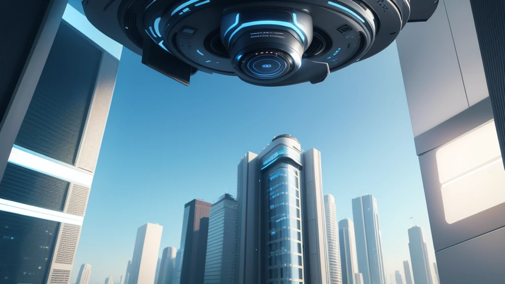 Please generate an illustration of an AIOT 5G smart city. The background should be a realistic, sci-fi style city with a blue sky. It should primarily convey technology, innovation, and convenience in daily life. No text is needed on the image. The photo style should be minimalist, sci-fi, bright, and naturally colored.