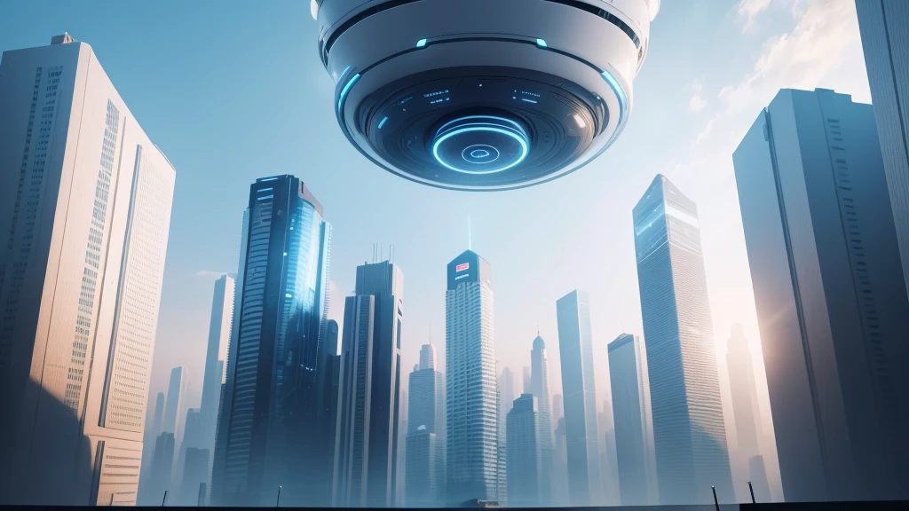 Please generate an illustration of an AIOT 5G smart city. The background should be a realistic, sci-fi style city with a blue sky. It should primarily convey technology, innovation, and convenience in daily life. No text is needed on the image. The photo style should be minimalist, sci-fi, bright, and naturally colored.