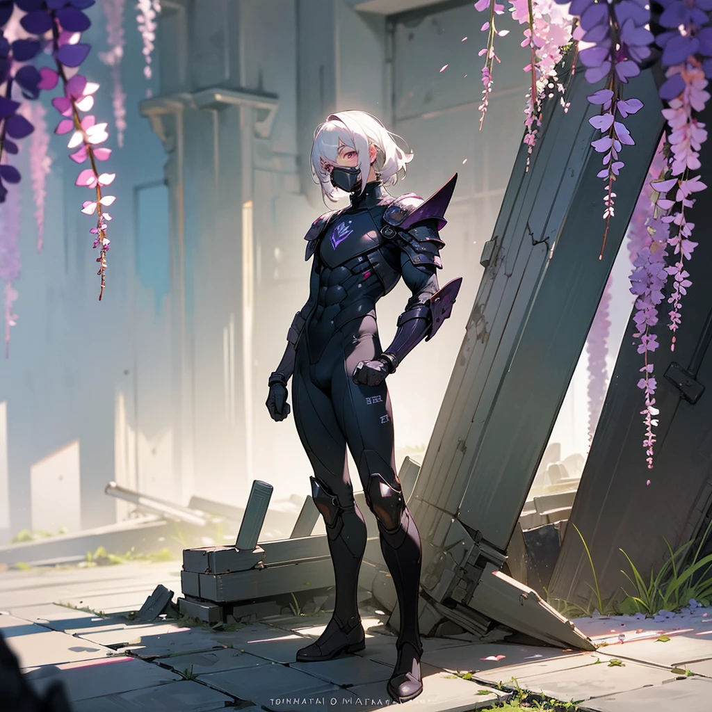 1male, young adult, dark skin, finely detailed plum eyes, wild medium hair, seashell white hair color, full body combat suit, shoulder armor pieces, combat boots, baggy miltarty combat pants, standing on ruined building, day time, tokyo streets, somber expression, muscular, tattoos, wisteria flowers, scars, gasmask