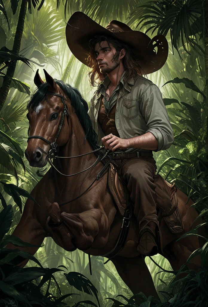 a cowboy riding a horse in a lush jungle, detailed facial features, portrait, masterpiece, 8k, hyperrealistic, cinematic lighting, vibrant colors, dramatic composition, intricate vegetation, dramatic lighting, dramatic shadows, moody atmosphere
