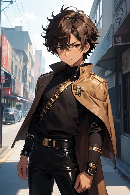 (1boy),(anime),(height 1.80cm),( teenager),(rly black hair),(light brown skin: 1.5),(brown eyes),(wearing),+,(Stylish black pants with sinsas tones and a shiny black cape and wearing two bracelets on the left and right arm and wearing a black blouse with sinsas tones and black boots with gold details)