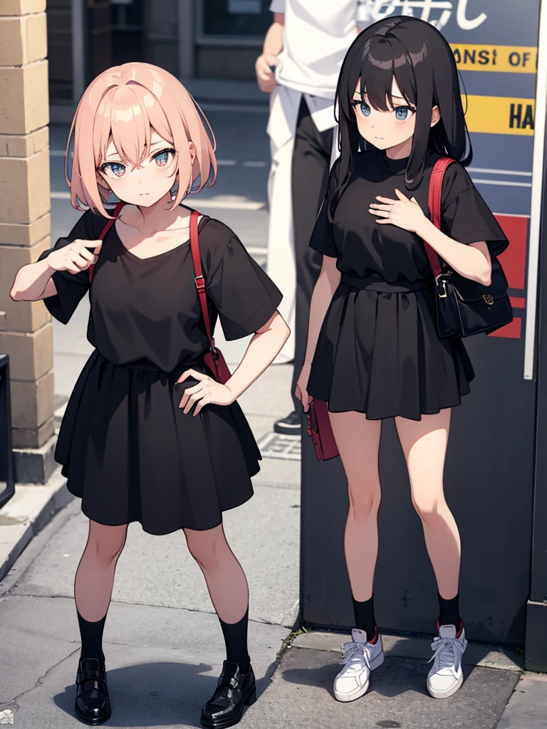 Anime girl, waiting hand, full body, street, embarrased face, Teenagers, black outfit