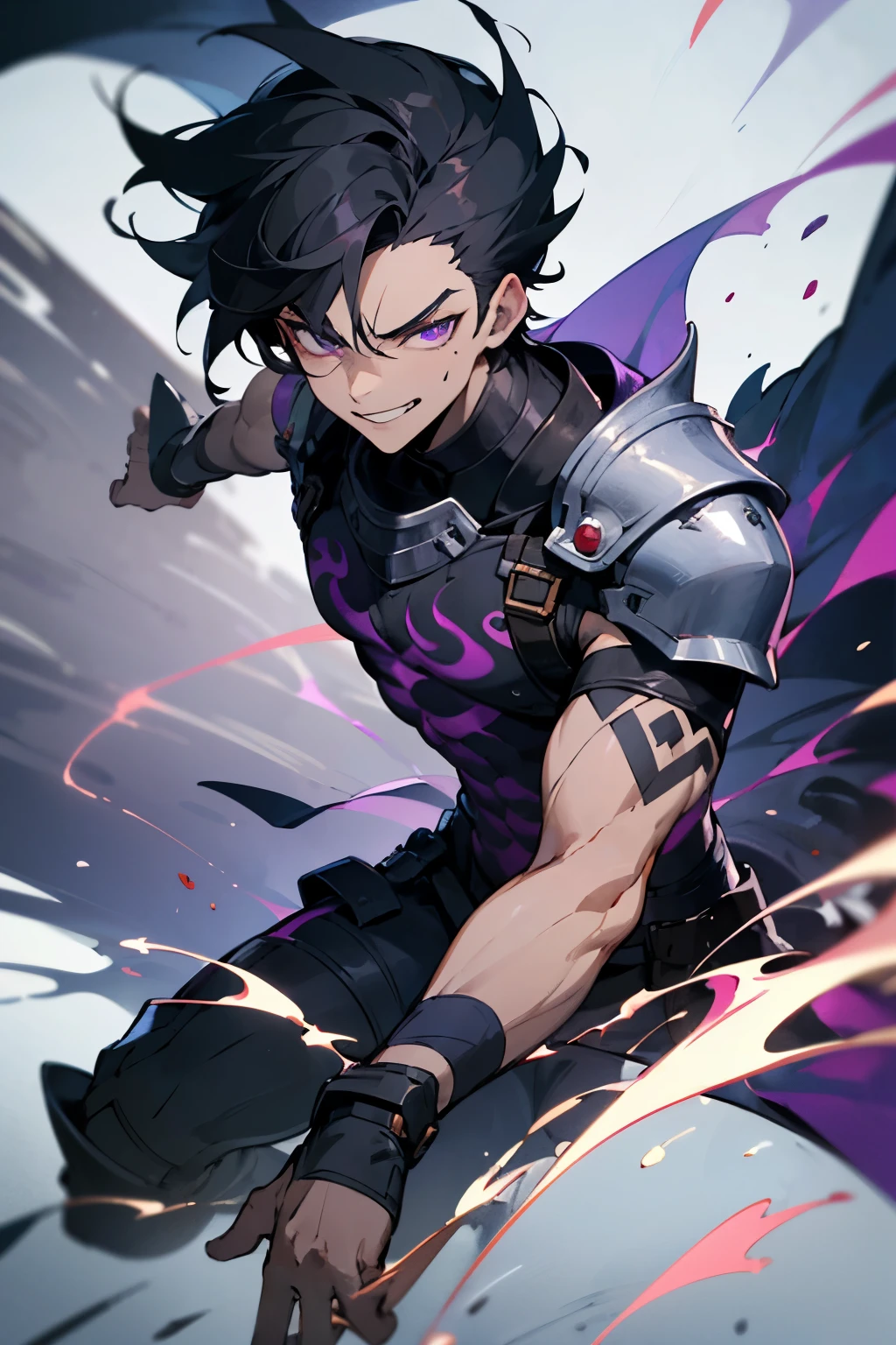 ((best quality)), ((masterpiece)), (detailed), male, sharp, angular features, dark complexion, teenager, toned body, purple eyes, wild jet-black hair, evil smirk, dark swirling tattoos of void energy across his body, wears a combination of modern clothing and voidkin armor