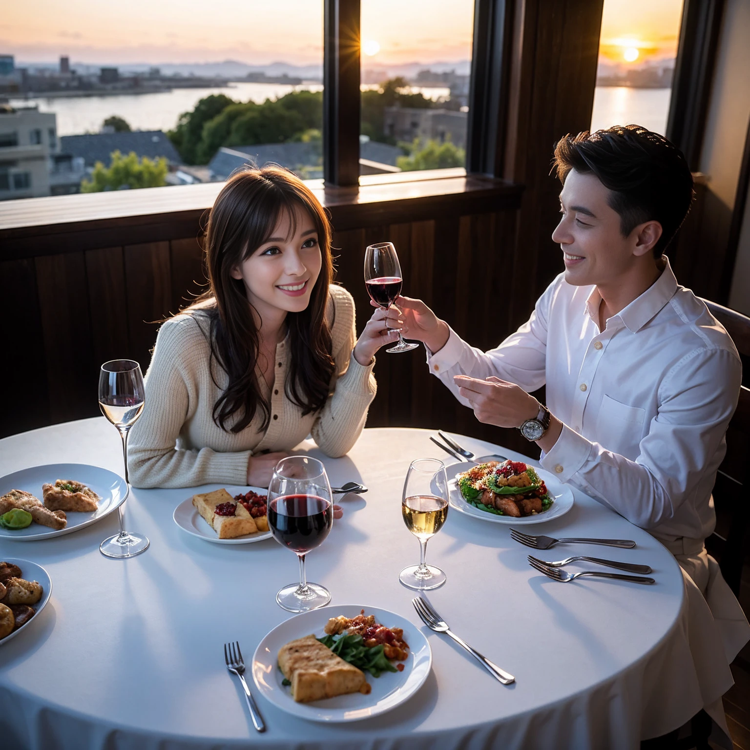 ((Highest quality、8K、masterpiece:1.3))、 (Genuineistic, Genuine、Bright image、Intricate details:1.2), 最高のsmile、1 male 1 female、Beautiful couple、Lovey-dovey lovers、fiancee、Good friends、actress couple、smile、Full-course dinner at a packed table、 (Slim face), (the body is slim), (Brown Hair), (short hair), テーブルのwine glass、Please shine a light on my face、 Amazing view of the sunset sky and clouds、42 years old 39 years old, red wine 、Appetizers、Wine bottle、sparkling wine、Long sleeve shirt、dress、White wine, red wine, wine glass, 