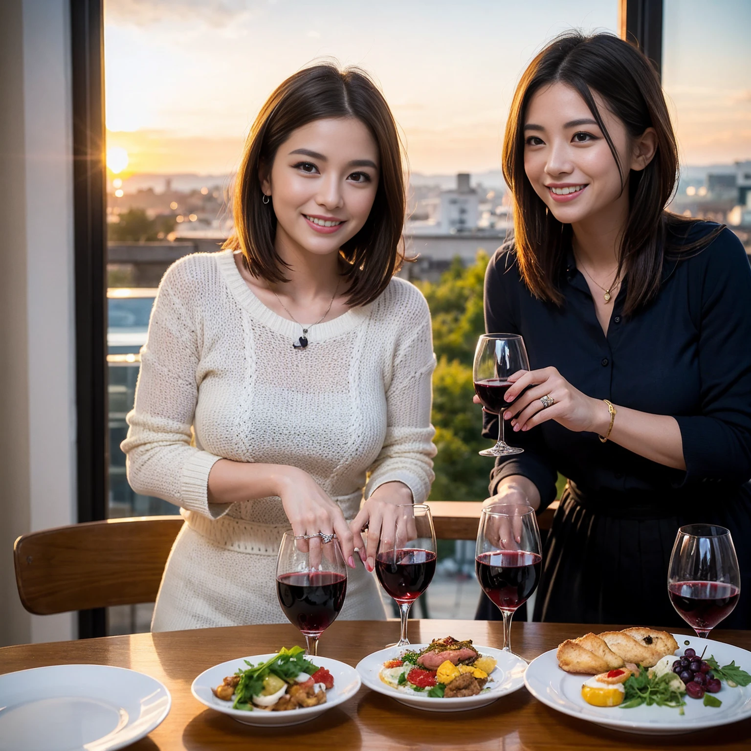 ((Highest quality、8K、masterpiece:1.3))、 (Genuineistic, Genuine、Bright image、Intricate details:1.2), 最高のsmile、1 male 1 female、Beautiful couple、Lovey-dovey lovers、fiancee、Good friends、actress couple、smile、Full-course dinner at a packed table、 (Slim face), (the body is slim), (Brown Hair), (short hair), テーブルのwine glass、Please shine a light on my face、 Amazing view of the sunset sky and clouds、42 years old 39 years old, red wine 、Appetizers、Wine bottle、sparkling wine、Long sleeve shirt、dress、White wine, red wine, wine glass, 