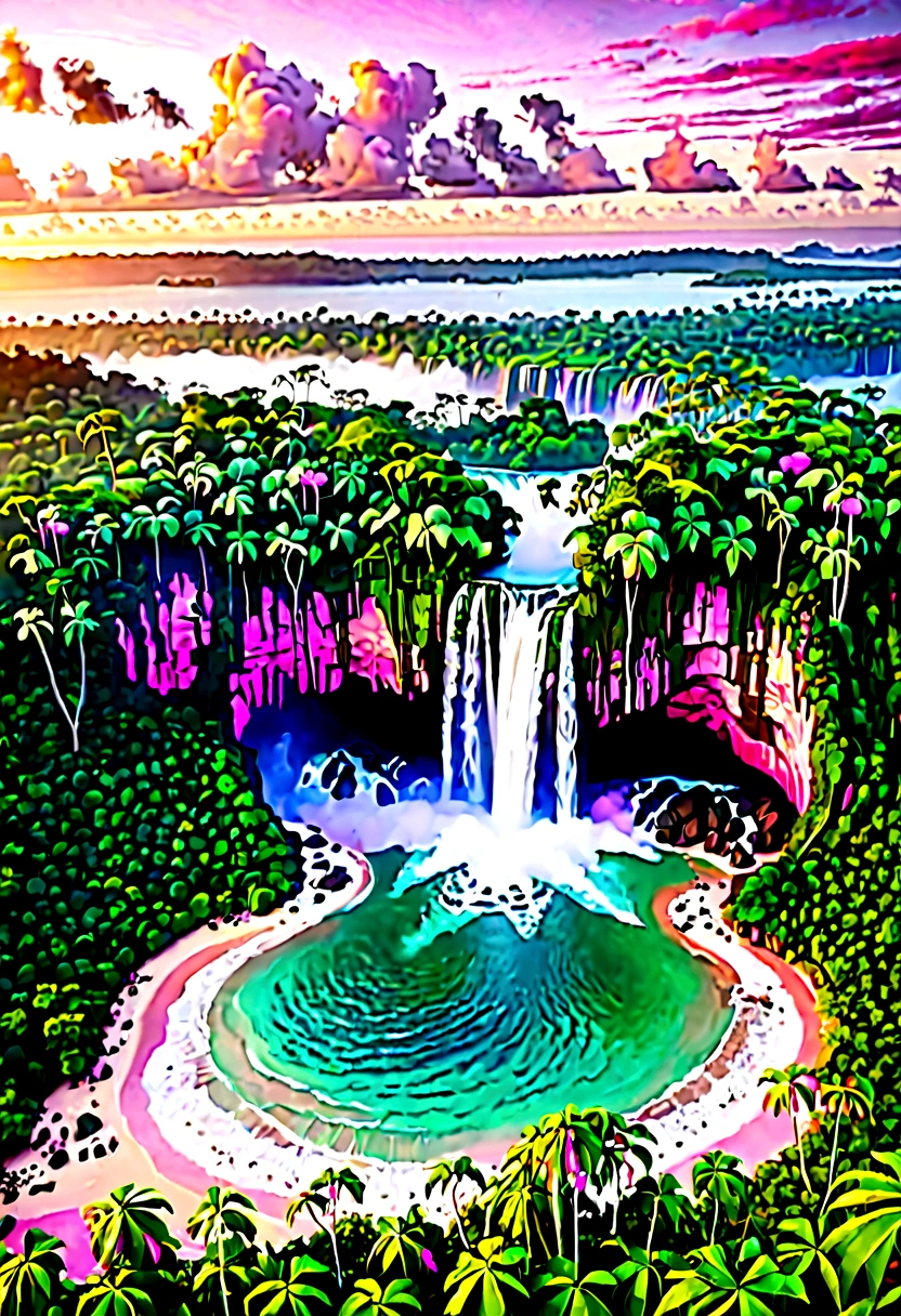 Tilt shift photo of a tropical jungle with a tropical beach in the distance at sunrise with pink clouds, some fog, a waterfall, peaceful.