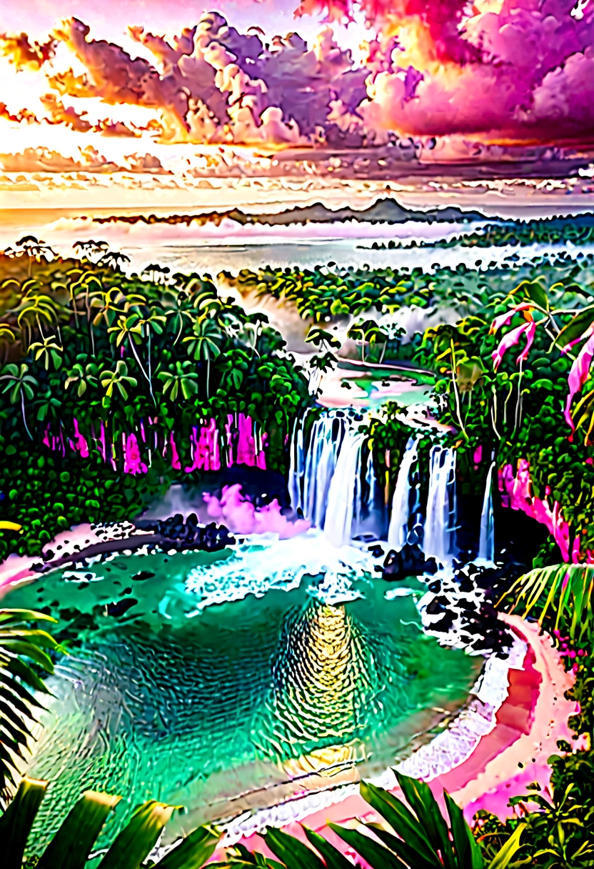 Tilt shift photo of a tropical jungle with a tropical beach in the distance at sunrise with pink clouds, some fog, a waterfall, peaceful.