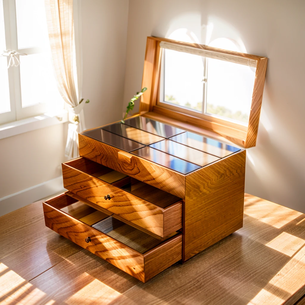 
In this cozy room，A ray of sunlight shone on the table through the half-drawn curtains，Let the wood grain on the watch storage case shine with a faint sheen。There is a calm and serene atmosphere in the surrounding air。Several still lifes hang on the walls of the room，It adds a touch of elegance to the space。And on the other side of the room，A half-open window lets the breeze blow in，The pages on the small desk by the window flipped in the wind，This quiet scene gives a sense of tranquility and comfort。
