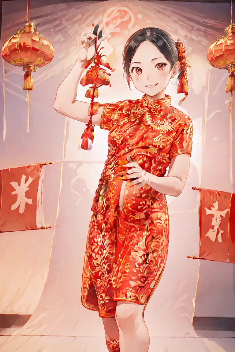 ultra detailed, masterpiece, Best Quality, extremely detailed,  from the middle, Full body photo, Jet black hair, very long hair, qipao, cheongsam, huge breasts, standing, Little smile, chinese house, chinese lights, evening, officer, pink eyes, anime screencap