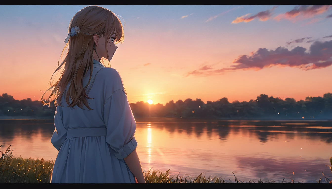 A girl admiring the sunset sky, beautiful gradient sky, anime, from a distance, (best quality,4k,8k,highres,masterpiece:1.2),ultra-detailed,(realistic,photorealistic,photo-realistic:1.37),dramatic lighting,soft focus,glowing colors,golden hour,gentle breeze,peaceful atmosphere,cinematic,dreamlike,serene