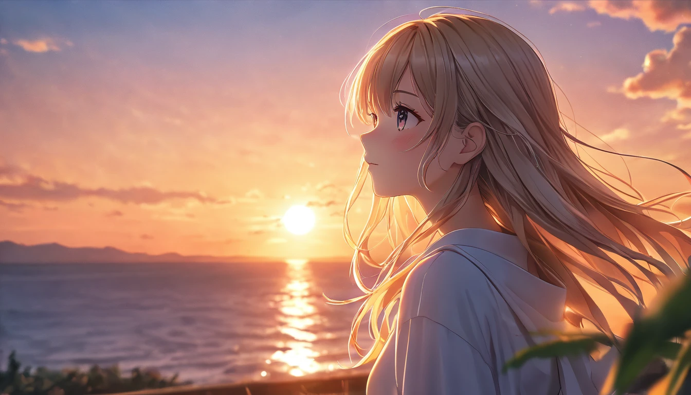A girl admiring the sunset sky, beautiful gradient sky, anime, from a distance, (best quality,4k,8k,highres,masterpiece:1.2),ultra-detailed,(realistic,photorealistic,photo-realistic:1.37),dramatic lighting,soft focus,glowing colors,golden hour,gentle breeze,peaceful atmosphere,cinematic,dreamlike,serene